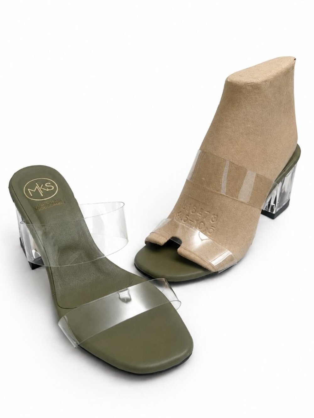 MKS Olive Green Clear Strap Block Heel Sandals Womens 38 (8 US) Made in Colombia